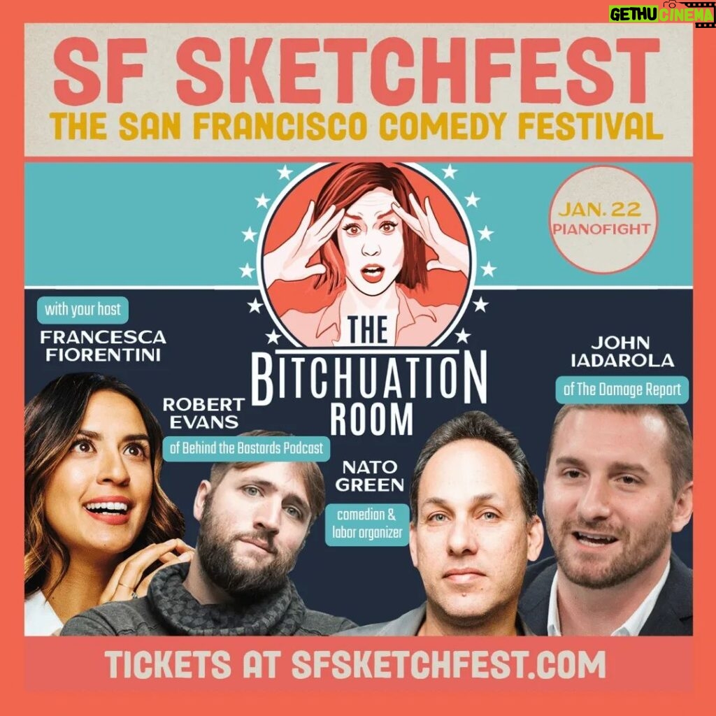 John Iadarola Instagram - For the first time in YEARS I'm going to be doing a live event, joining @franifio for a live taping of The Bitchuation Room podcast Sunday January 22nd at 8pm at San Francisco Sketchfest. Get tickets to attend live in person here: https://sfsketchfest2023.sched.com/event/qEKa/the-bitchuation-room