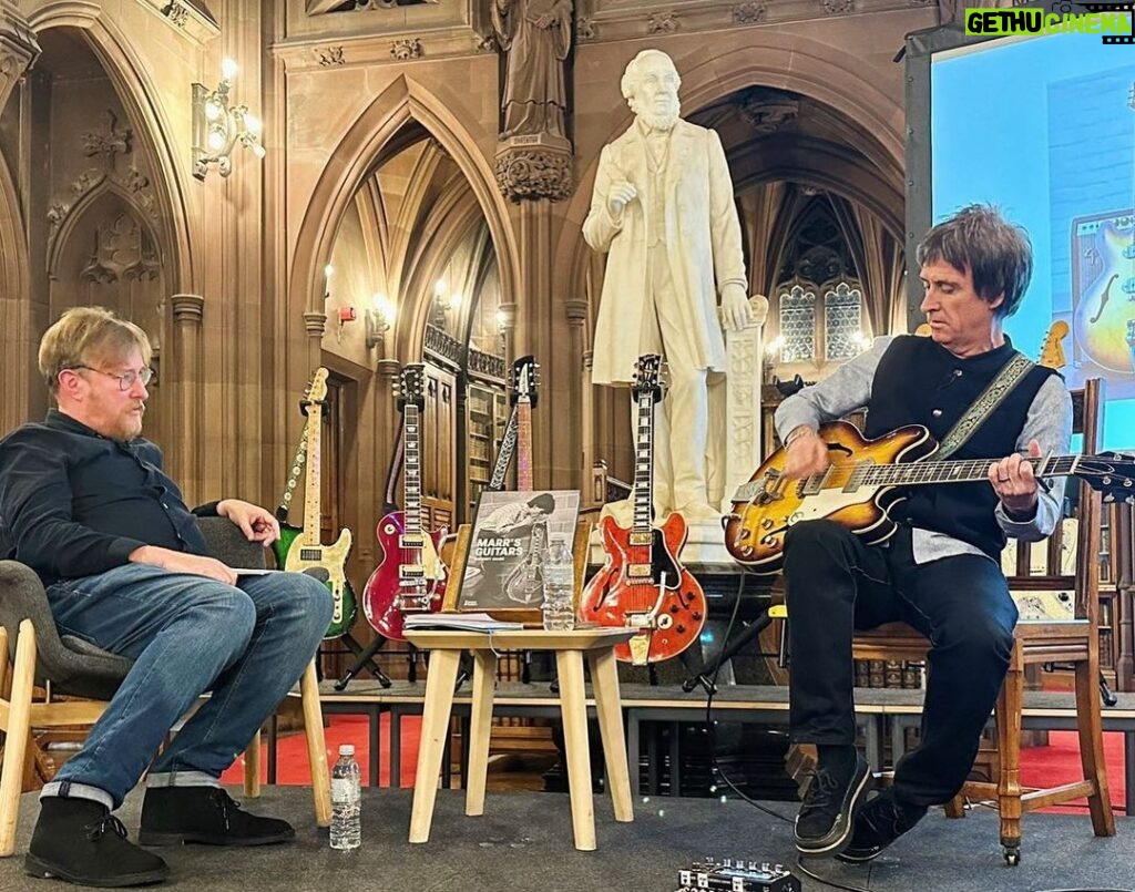 Johnny Marr Instagram - Thanks to all at John Rylands Library tonight and big thanks to John Harris for interesting conversation as always. Pics by Laura @saydemesne #marrsguitars