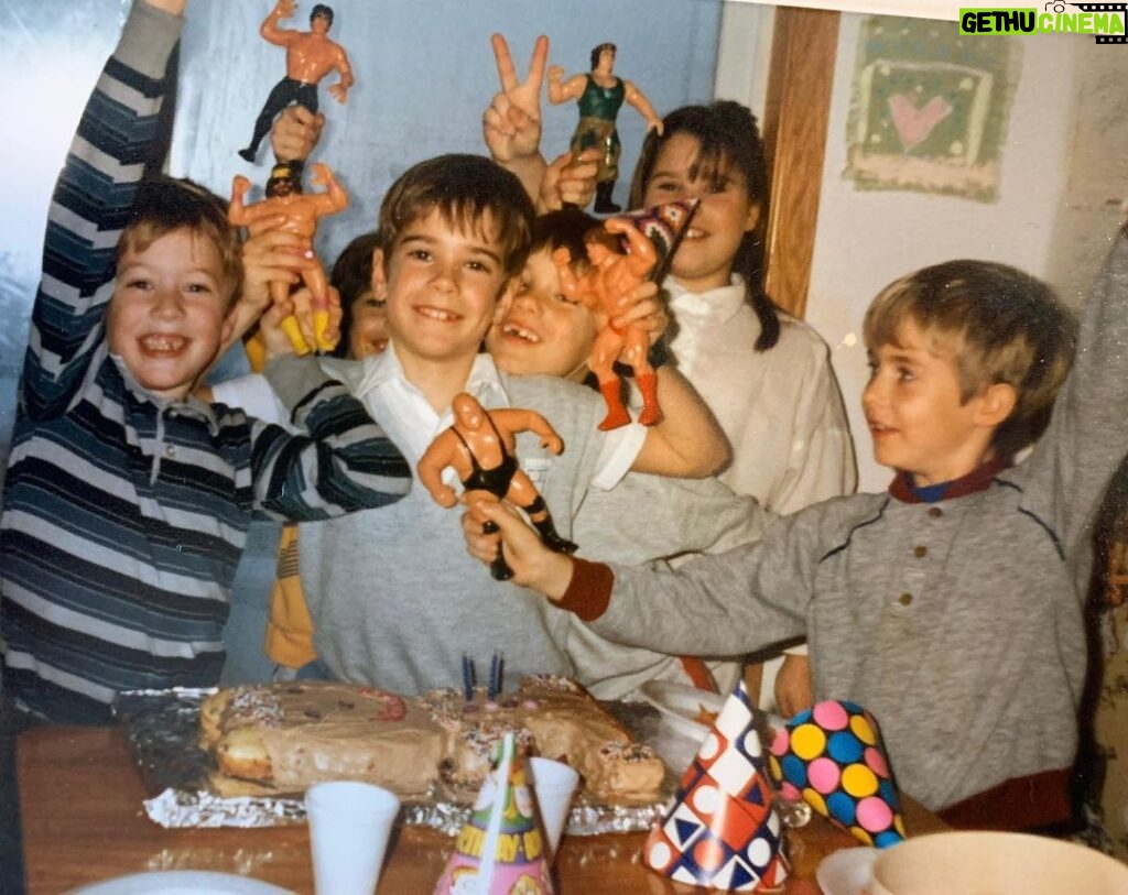 Jon Lajoie Instagram - My brother found an old pic of us from right around the time I’m referring to in the song/video for “Hulk Hogan Slammed Andre the Giant.” Pure. Joy. (I’m the kid sandwiched between Bundy and Mr. Wonderful)