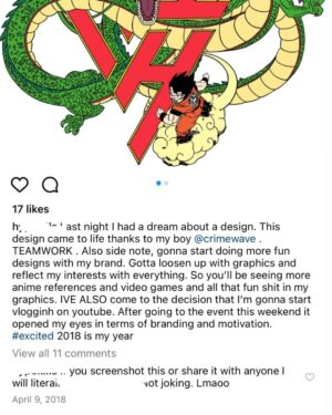 Jordan Bentley Instagram - In 2018 I literally had a dream that my brand @hypland collaborated with my favorite anime Dragon Ball Z. 

I called my friend @nafiscw the morning after & he drew up some graphics that finally released 5 years later 😂

It’s crazy to see all the growth & blessings over the last 5 years. Had it not been for this dream, I would not be where I am today. 

Big thank you to all of the @hypland supporters, my friends, family, & my team who have made this possible. It’s been a fun journey!! 

Thanks to my guys @juju & @brandonlawless1 for killing the lookbook as well! 

LETS GO!!