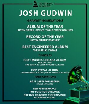 Josh Gudwin Instagram - I moved to LA in October 2006 without a job lined up, all I knew was I wanted to make music and follow a dream… and I’m still dreaming!! To all my fellow nominees-BIG CONGRATS win or lose doesn’t matter, you’re written in the books!  To those just getting started, keep on and stay the course! 
@justinbieber 
@badbunnypr 
@jbalvin 
@themarias 
@camilo
#mixedbyjoshgudwin