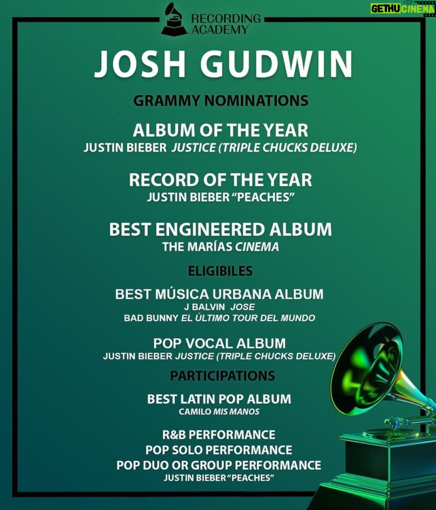 Josh Gudwin Instagram - I moved to LA in October 2006 without a job lined up, all I knew was I wanted to make music and follow a dream… and I’m still dreaming!! To all my fellow nominees-BIG CONGRATS win or lose doesn’t matter, you’re written in the books! To those just getting started, keep on and stay the course! @justinbieber @badbunnypr @jbalvin @themarias @camilo #mixedbyjoshgudwin Mars