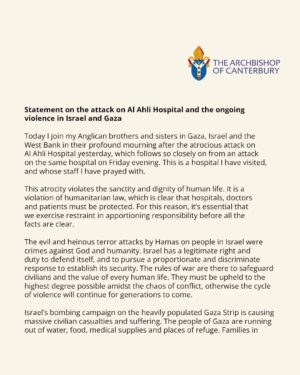 Justin Welby Instagram - The atrocious attack on Al Ahli Hospital violated the sanctity of human life. 

We must exercise restraint in apportioning blame until the facts are clear. 

But the bloodshed, slaughter and suffering of innocent people on all sides must stop.