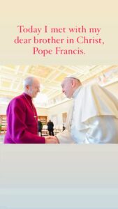 Justin Welby Instagram - Meeting with Pope Francis Vatican City