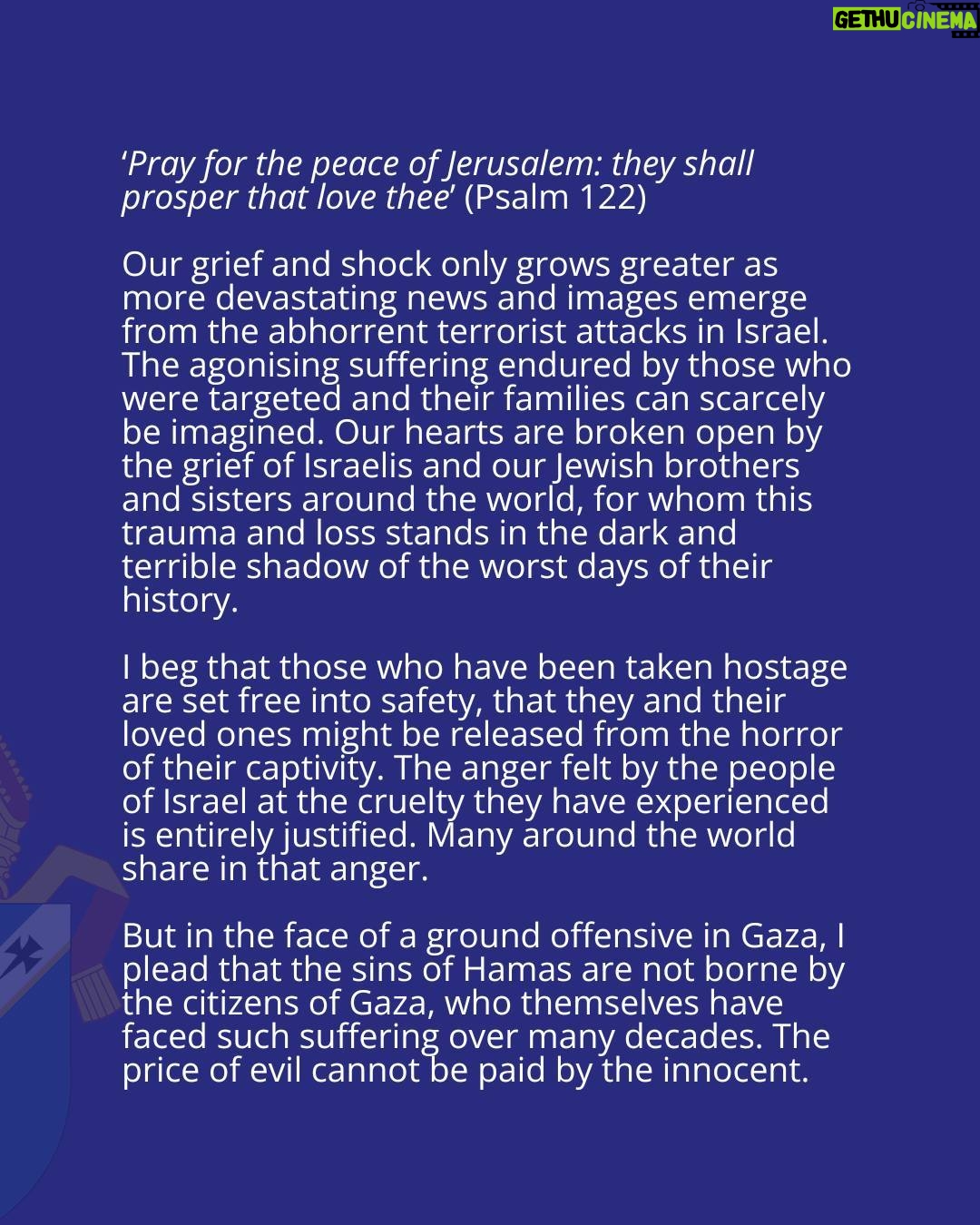 Justin Welby - 2.8K Likes - Pray for the people of Israel, Gaza and the West Bank. Pray for the future of the Holy Land.
Swipe through to read my statement - also available at the link in my bio.