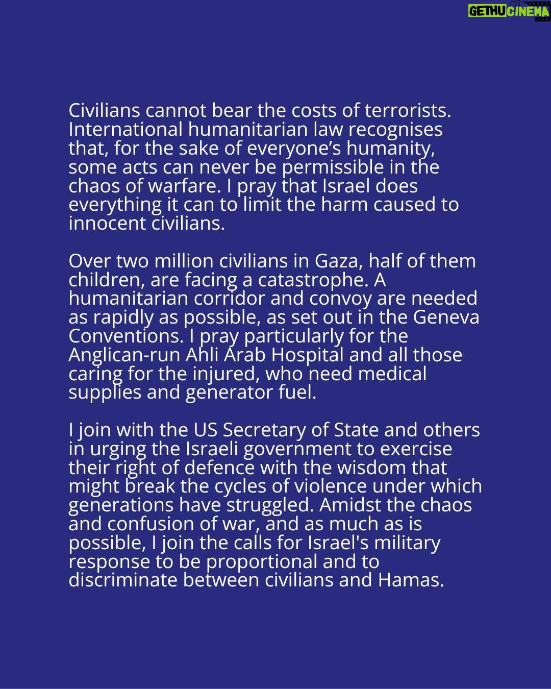 Justin Welby - 2.8K Likes - Pray for the people of Israel, Gaza and the West Bank. Pray for the future of the Holy Land.
Swipe through to read my statement - also available at the link in my bio.