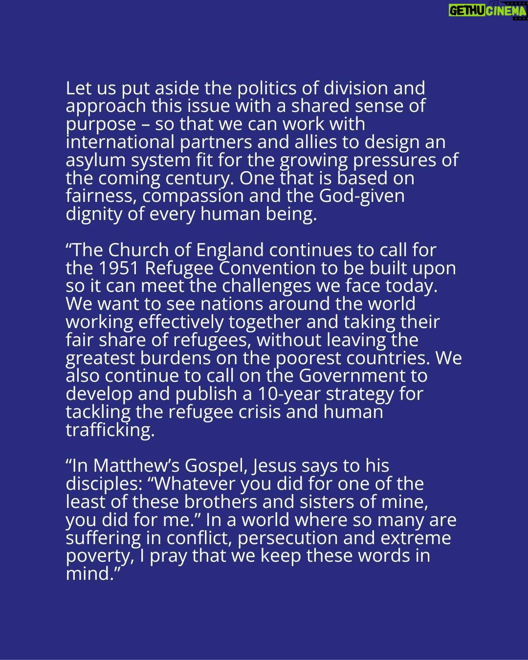 Justin Welby - 0.9K Likes - Today’s decision on the Rwanda policy leaves desperate people fleeing conflict and persecution in limbo. I hope the Government will reflect and reconsider its approach.
Let’s put aside the politics of division and work together to build an asylum system based on fairness, compassion and the God-given dignity of every human being.