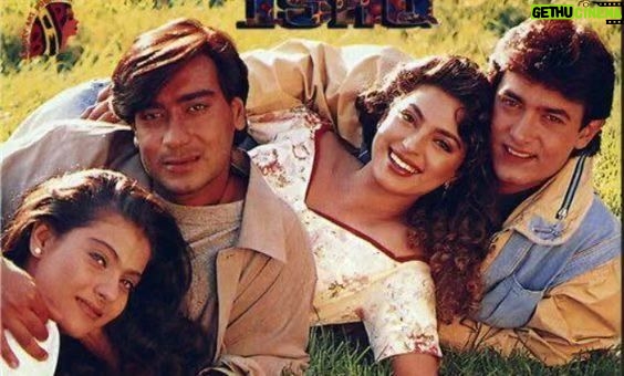 Kajol Instagram - This picture was taken once we had finished stomping on the hills of Switzerland for the day.. You can’t see how zapped we were or how we were like “Why does the sun set so late damnit ? “ .. What fab actors we were na ;) @ajaydevgn @iamjuhichawla #aamirkhan #indrakumar #hillsofswitzerland #ishq #workhardplaybetter #26yearsofishq