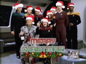 Kate Mulgrew Instagram - Merry Christmas to all, and to all a good night! 🥂🎄🎁 (Image discovered on the Star Trek: Voyager group on Facebook)