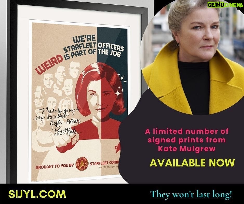 Kate Mulgrew Instagram - I'm doing another round of signing (and on Janeway's birthday no less!) in partnership with Sijyl, head to their site at warp speed for this limited edition print! Only 200 available - but please don't break the warp barrier 😉🚫🦎 https://sijyl.com/products/kate-mulgrew-custom-signed-art-prints