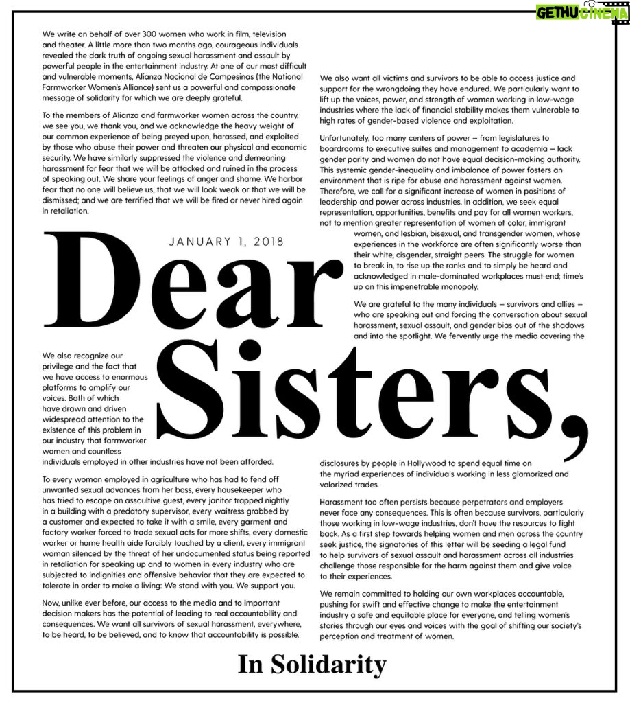 Katherine Langford Instagram - Today I signed this letter of solidarity to stand with men, women, and all non-binary people across every industry in saying: #TIMESUP. The @TIMESUPNOW Legal Defense Fund provides subsidized legal support across industries to those who have experienced sexual harassment, assault, or abuse in the workplace. Start 2018 strong - Join me. Read the letter, sign & donate! Link in bio