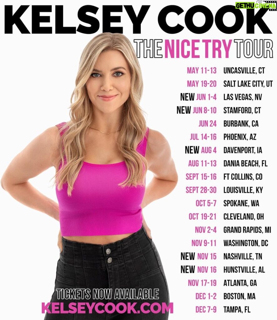 Kelsey Cook Instagram - Some new dates added to the Nice Try Tour! 💥 I’ll be in Stamford in June at the new location of @nyccstamford for those of you in the NYC area. Unfortunately Tacoma had to be moved to February, but I can’t wait for those shows. As always, if you don’t see your city on here, comment below where you want me to go and I’ll try to make it happen! 👇🏻