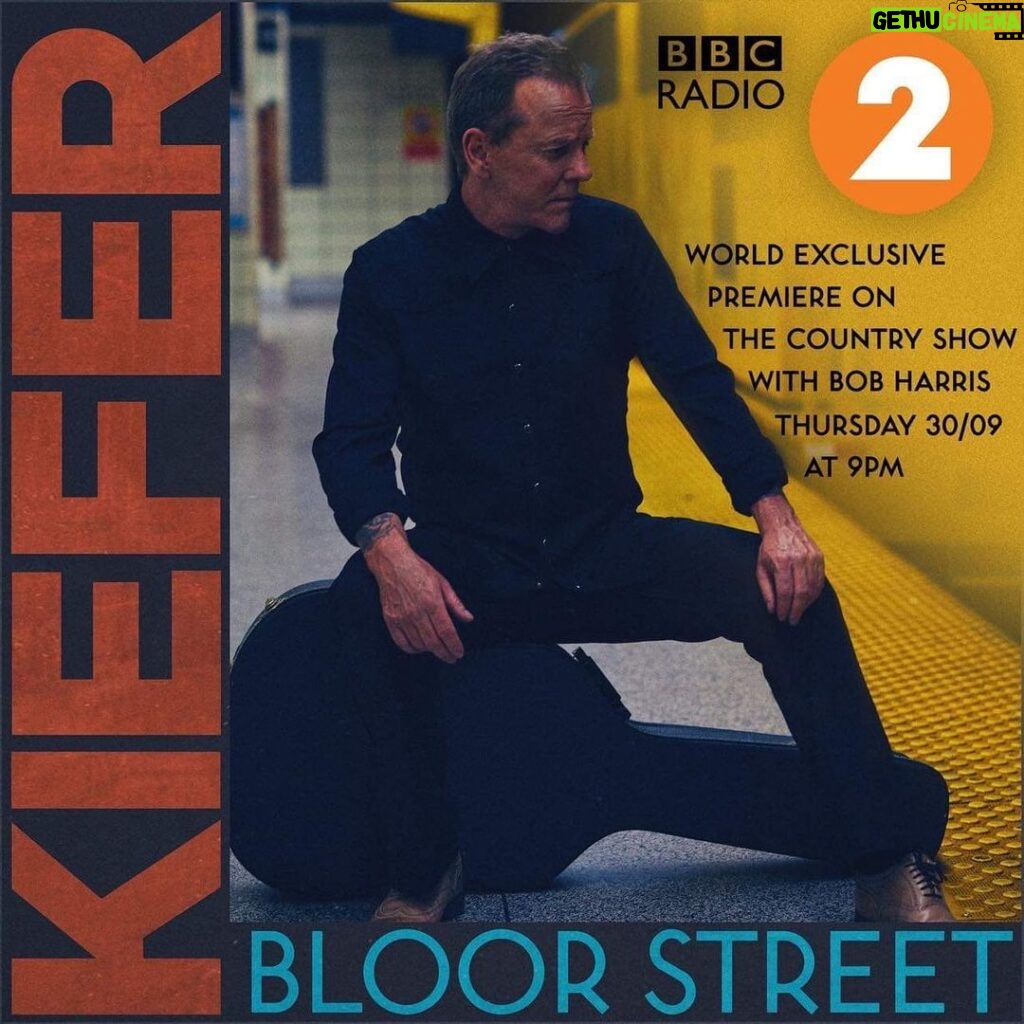 Kiefer Sutherland Instagram - 9pm BST tonight. Tune into the @whisperingbob show on @bbcradio2 to listen to the world premiere of the new single Bloor Street. Programme link in stories.