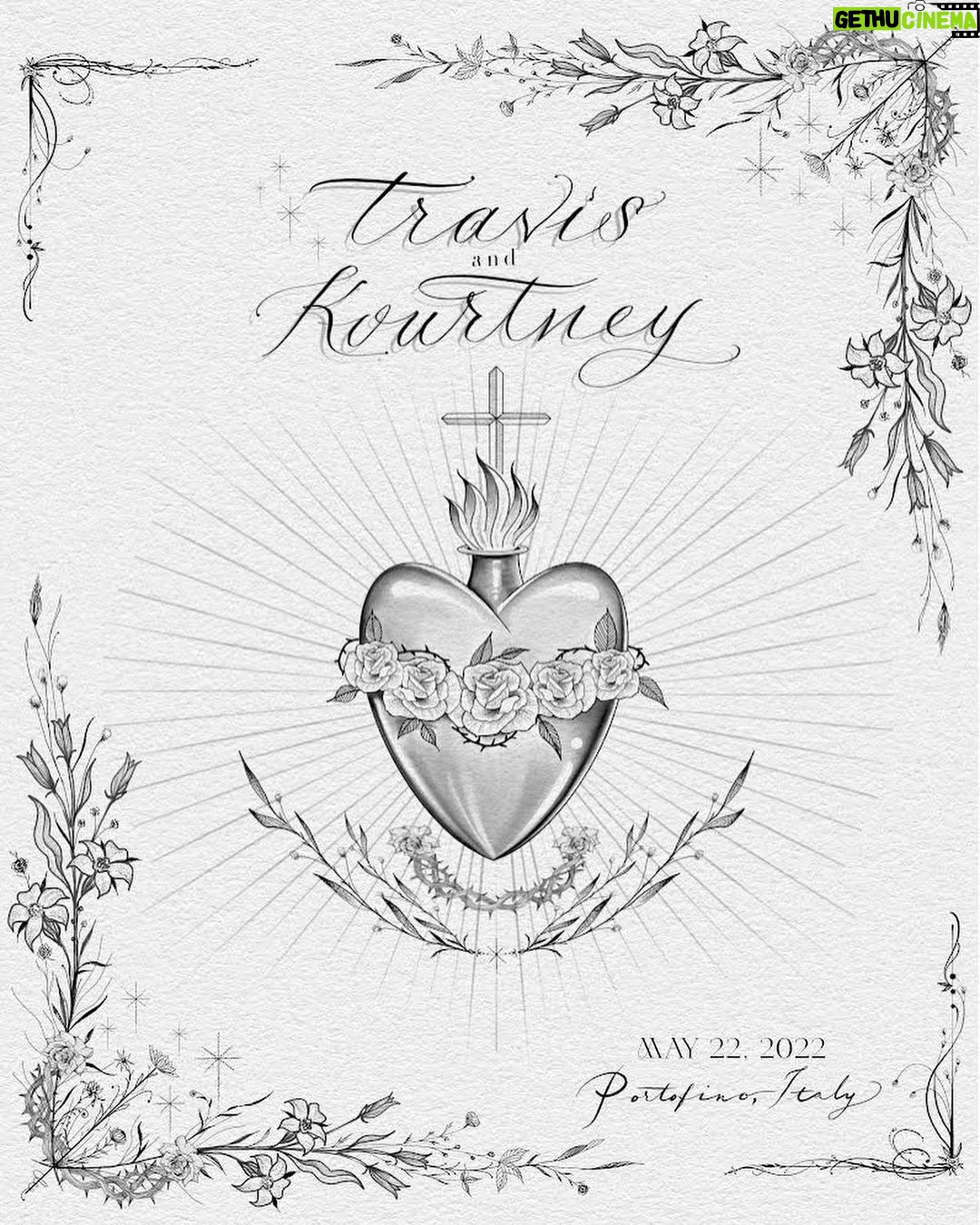 Kourtney Kardashian Barker Instagram - Because we had such a small, intimate wedding, when doing our wedding invitations, we wanted simple and cool with a touch of fairytale and Travis said we have to have @_dr_woo_ write them out for us. We sent him old prayer cards as inspiration, and the artwork really turned out so beautifully. Once we saw them, we knew we had to ask him to hand paint Mr. and Mrs. Barker on the back of our white motorcycle jackets for us to wear at our wedding reception late night since weather drops on perfect Italian nights in May. When thinking of a gift to have in the room for our guests when arriving in Italy, we wanted something special for them that they could take home and use and have forever and hopefully remember our wedding when using them. We decided on some @baccarat glasses with @_dr_woo_ ‘s sacred heart etched into the glass. So @baccarat took some glasses that we picked out and custom etched his design into them. For our wedding gift, my mom had dishes made with the artwork. And then for Valentine’s Day, my friend and favorite pajama maker @morgan_lane had the sacred heart from our invitations (@_dr_woo_ ‘s artwork) embroidered in black onto some ivory silk pajamas as one of my gifts to my husband. And to take it full circle, the font was used in our documentary of our weddings ‘Til Death Do Us Part for the title card and title art. I really just wanted to share some of the small details that went into our very small wedding that meant so much to us and pass along the idea to any of you who may be planning a wedding that having someone special to you creating the art and then being able to use that in other meaningful ways. Spreading lots of love today!