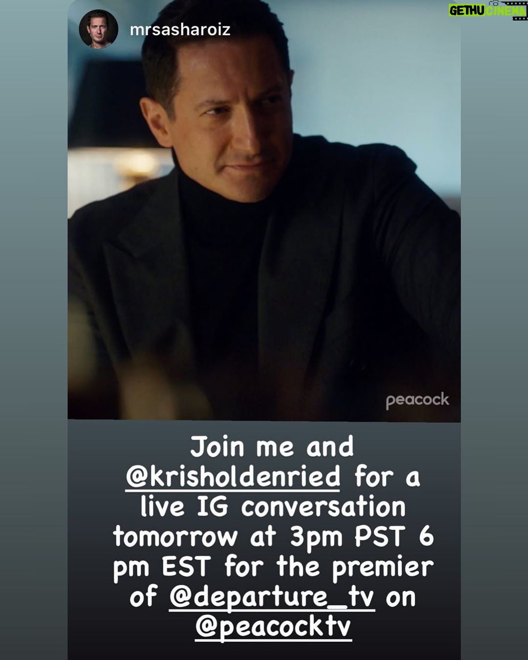 Kristen Holden-Ried Instagram - Tonight at 6pm EST this handsome fella and myself will be chatting #departure @departure_tv Season 1 starts airing TONIGHT on @peacocktv Join us if you can :)