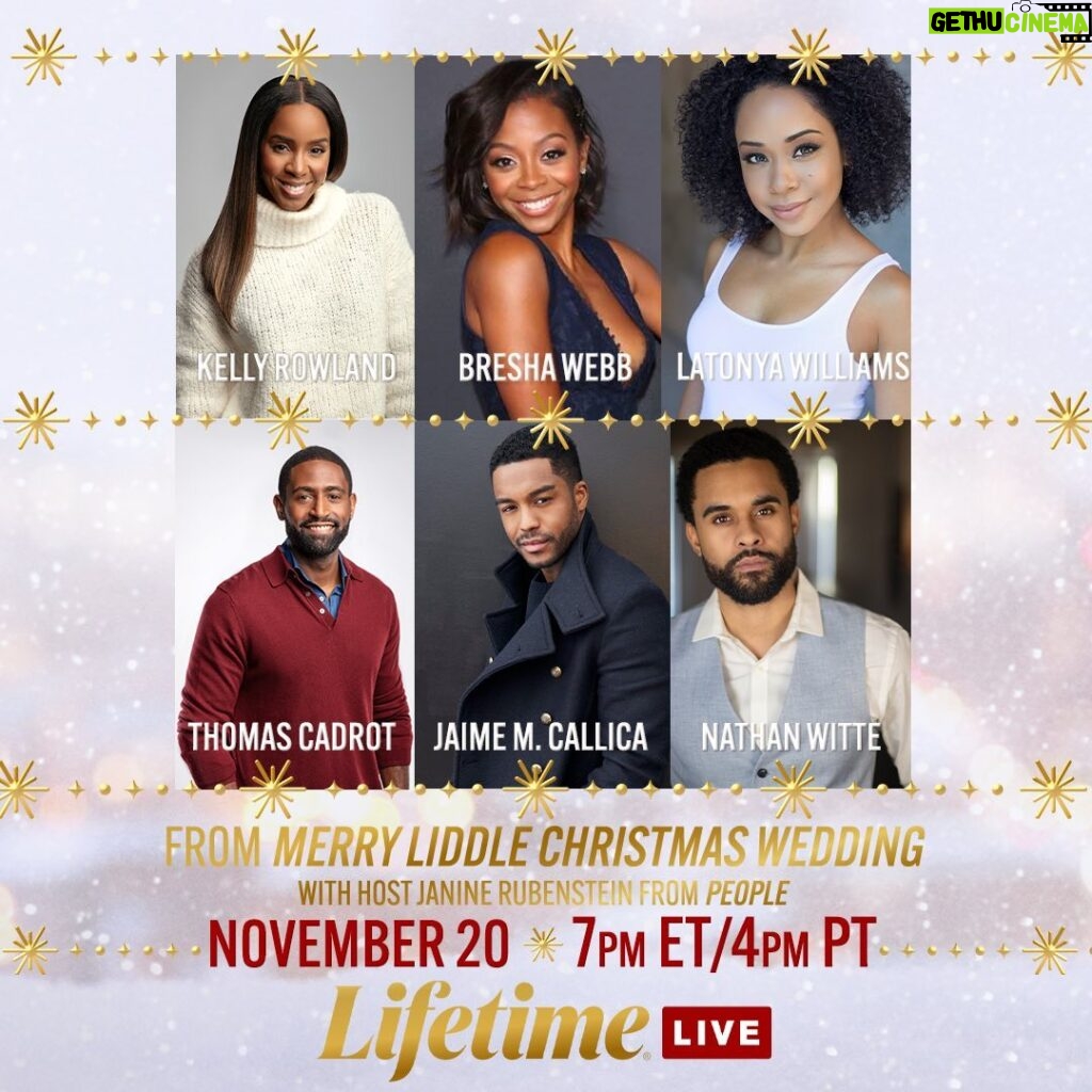 Latonya Williams Instagram - We’re going live! Watch me and the cast of #MerryLiddleChristmasWedding including @KellyRowland @Thomas.Cadrot @jaimecallica @BreshaWebb and @steelafro during #ItsAWonderfulLifetime: Live! November 20th at 7pm ET/4pm PT. 👏🎁✨ Click this link to register for free. https://www.lifetimelive.com/experiences/