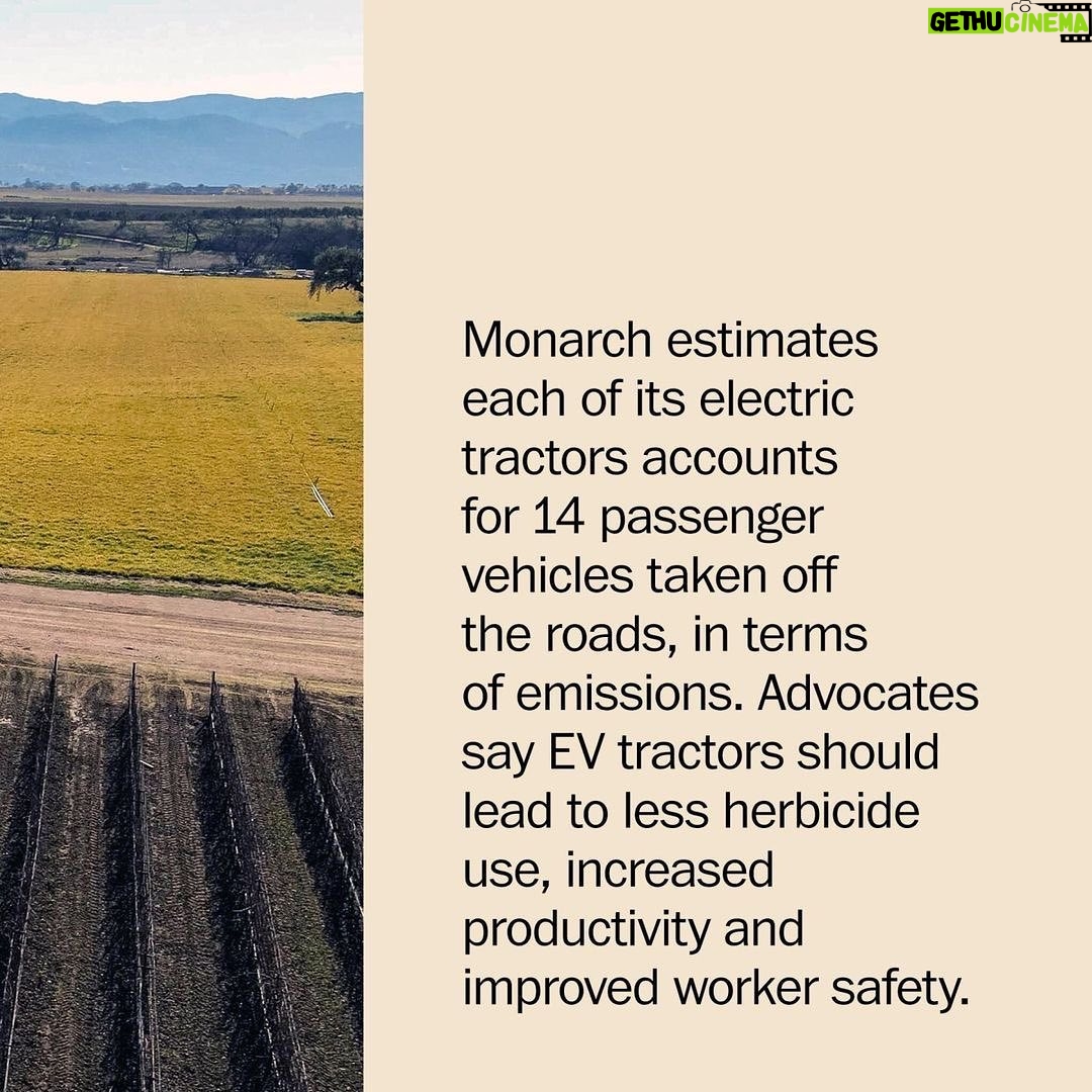 Leonardo DiCaprio Instagram - Repost from @postclimate • Like other electric vehicles, electric tractors are about fighting climate change by cutting our carbon footprint. Monarch estimates each of its EV tractors accounts for 14 passenger vehicles taken off the roads, in terms of emissions. Electric tractors will save on fuel and maintenance costs, they are lighter than most tractors, and the self-driving capability cuts down on labor costs as well. Advocates say EV tractors should lead to less herbicide use, increased productivity and improved worker safety. Read more by tapping the link in our bio.