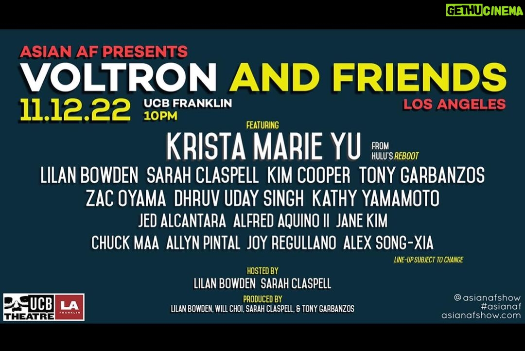 Lilan Bowden Instagram - π¨ATTN: IMPROV COMEDY LOVERS π¨ Saturday 11/12 at 10pm, @voltronafshow is BACK on the UCB Franklin stage baby!! After a year of online pandemic shows, this all-Asian cast is thrilled to do some LIVE improv for you!! Featuring special guest KRISTA MARIE YU!! ( @rebootonhulu ) With guest team, AOKIDS: Jed Alcantara, Alfred Aquino II, Jane Kim, Chuck Maa, Joy Reguillano, Allyn Pintal, and Alex Song-Xia!! Get your tickets at ucbcomedy.com/shows Los Angeles, see you Sat!! πππ Also follow @voltronafshow and @asianafshow for all the hot quality all-Asian comedy shows π #asianaf #asianafshow #voltronafshow #improvcomedy