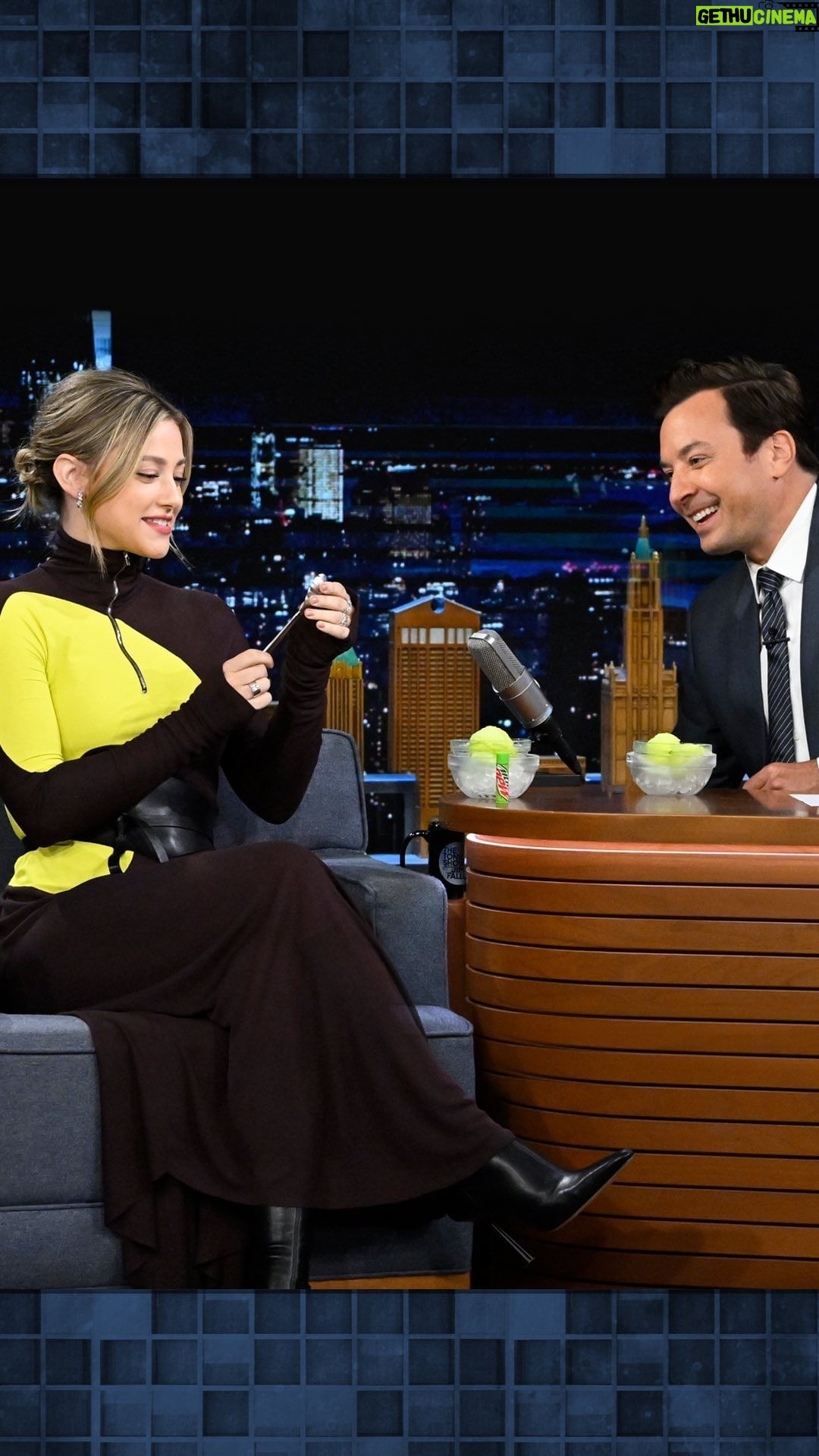 Lili Reinhart Instagram - @mountaindew fan @lilireinhart taste tests Mountain Dew ice cream & vodka! #FallonTonight The Tonight Show Starring Jimmy Fallon