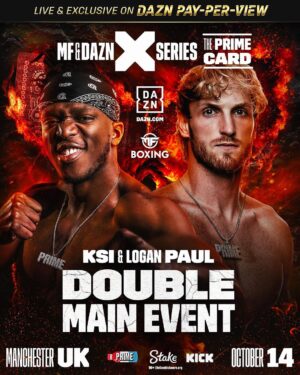 Logan Paul Instagram - The PRIME card is here!

We will both fight on the same night for the first time since our rematch in 2019, live on DAZN PPV.

Opponents will be announced soon.

October 14 | AO Arena, Manchester | 
@misfitsboxing @mf_daznxseries | @drinkprime | @kickstreaming | @stake