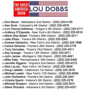 Lou Dobbs Instagram - These are the 20 RINOs holding up the speakership of Jim Jordan, who i consider to be a Great American and our best choice in this historic moment. If you agree, please call the office's of these RINOs and let them know you support Jim Jordan to be the next Speaker of the House! #TheGreatAmericaShow