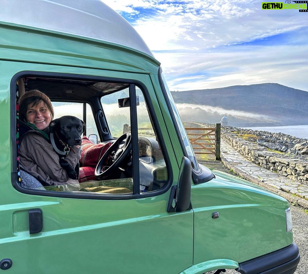 Louise Brealey Instagram - Yesterday we got home to the house on the hill. Gilbert had a good sniff and then curled up on the sofa into a prawn for the next nine hours. Thank god that’s over, he said. Noisy scary van, peeing at the same time as you, looking at awful mountains all day long mate. I put on the Christmas onesie my mum bought me about ten years ago that I could never bring myself to throw away. I dusted off a bottle of mulled wine and I got under Gilby’s blanket with him and I cried; I felt absolutely shit on a stick. Flat, sad, lonely, envious; convinced I will never feel happy; wild again with the things I have lost or never had. I sat it out. Microwaved something unidentifiable. Watched some telly. And I slept. We did it. Me and Dolly and the ‘Bat. We went not much more than 30 miles an hour for over 2000 miles. Driving through clouds and rain and long low late autumn light. I didn’t find myself. I didn’t find any answers. I didn’t find my mama. But I found peace sometimes high up behind the wheel of my beautful old green bus; I learned to love my hairy clown friend even when he was shrieking, I learned to love Dolly even when she was leaking. I learned to drive a 3.5 tonne van in first gear up mountain roads, to hill start at an improbable angle, do seventeen-point turns and to refuse to reverse if it’s a man in mirrored blue glasses in a white car, drumming his fingers. I learned to sleep in dark car parks. To light a fire on the sand in the wind. I learned again that no one is alone if they have friends. And, by the last but one day, I even worked out a home for all the bits and bobs. Thank you again to all the beautiful people who made this trip possible. See you down the road. Love Loo Llyn Celyn, Wales