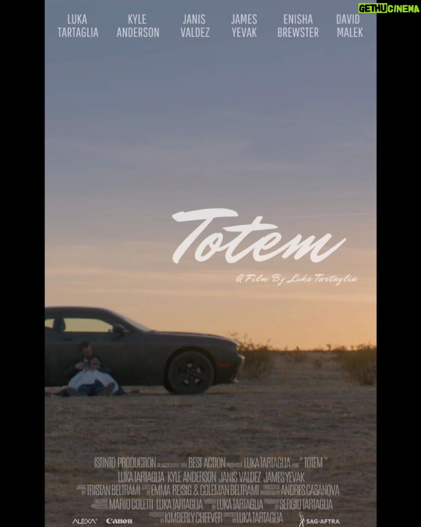 Luca Tartaglia Instagram - TOTEM is finished! It’s been a lot of work, but we did it! What an exciting adventure! Totem has already been selected for two US festivals and we’re just at the beginning of this journey. I want to sincerely thank all of you who worked on this project, it wouldn’t have been possible without you. Written and Directed by: Luka Tartaglia CAST Luka Tartaglia @lukatartaglia Kyle Anderson @idreaminqueens Janis Valdez @janispvaldez Enisha Brewster @enishabrewster James Yevak @jamesyevak David Malek @himtheking Austin Willis @the.austin.willis Carter Dau @claudinedau Mattina Minasi @mattia_minasi Kisha Oglesby @kishasoglesbykso Production Manager: Kimberly Cheever @kimberlycheever Script Editor: Jocelyn Romero @underlifemaps DOP: Andres Casanova @andresxcasanova Second unit DOP: Collier Landry @collierlandry Camera operators: @andresxcasanova @mattia_minasi @collierlandry Camera assistant Christopher Schunk @cschunk Editors: Emma Reisig, Collier Landry, Coleman Beltrami @emmareisig @collierlandry @colemanbeltrami Music by: Tristan Beltrami, Ben Babylon @tristanbeltrami @ben.babylon Sound editors: Collier Landry, Georgia Conrad @collierlandry @florida.condor Sound mixer and boom operator: Michele Antonio Parisi @conquer84la Colorist: Collier Landry @collierlandry Light designer: Brian Tien @buttdog Production Designer: Rolando Ferilli @rolando.ferilli Make up: Noelia Rodriguez @noeliabeaute Photographers: Estrella Gomez, Jared Chuba @lacasabloga @jaredchuba Executive producers: M. Coletti, Luka Tartaglia Producer: S.Tartaglia Co-Producer: Kimberly Cheever @kimberlycheever Special Thanks: Patrizia Focardi @elisabetta_patrizia_focardi Camera: @arri, @canonusa #totem #shortfilm #2021 Los Angeles, California