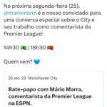 Mário Marra Instagram - Às vezes me pego pensando nos rumos que a vida levou e os caminhos que a carreira seguiu. Hoje foi um dia assim. Um dia legal. Estar na ESPN, conviver com tanta gente que admiro há tanto tempo e ter a oportunidade de trabalhar em jogos da Premier League. Uau! Quanta coisa para comemorar! Já trabalhei com muita gente brilhante. Alguns realmente são geniais. Eu, um cara que procura se observar com frequência, sei desde cedo que não posso contar com brilhantismo e muito menos com genialidade, mas o suor sempre foi meu aliado. Leio, busco informações, tento entender de novo e é com muito suor que vou tentando seguir. Voltando ao dia de hoje, parei para pensar em quanto é representativo ser convidado por canais oficiais de clubes da Inglaterra no Brasil ou de torcidas oficiais de times ingleses daqui. Ter a oportunidade de ter a opinião respeitada dá muita satisfação. Muita. É a percepção de que o caminho do estudo, do respeito, do trabalho realizado com seriedade pode ser um caminho mais longo, mas é também sólido. À ESPN a minha gratidão pelo espaço, pelo tratamento, pelo respeito. Aos que me procuram para a opinião também vai meu agradecimento. Estarei fora por uns dias a partir do dia 27 e voltarei com mais vontade de aprender. 📷: Contas oficiais em português do West Ham Brasil e Manchester City. @brasilspurs @falagooner @caminhanteslfc @bluesofstamford @redarmybrasil Um forte abraço também para o pessoal da @blackwolves_brasil , que até uma camisa mandou pra mim.