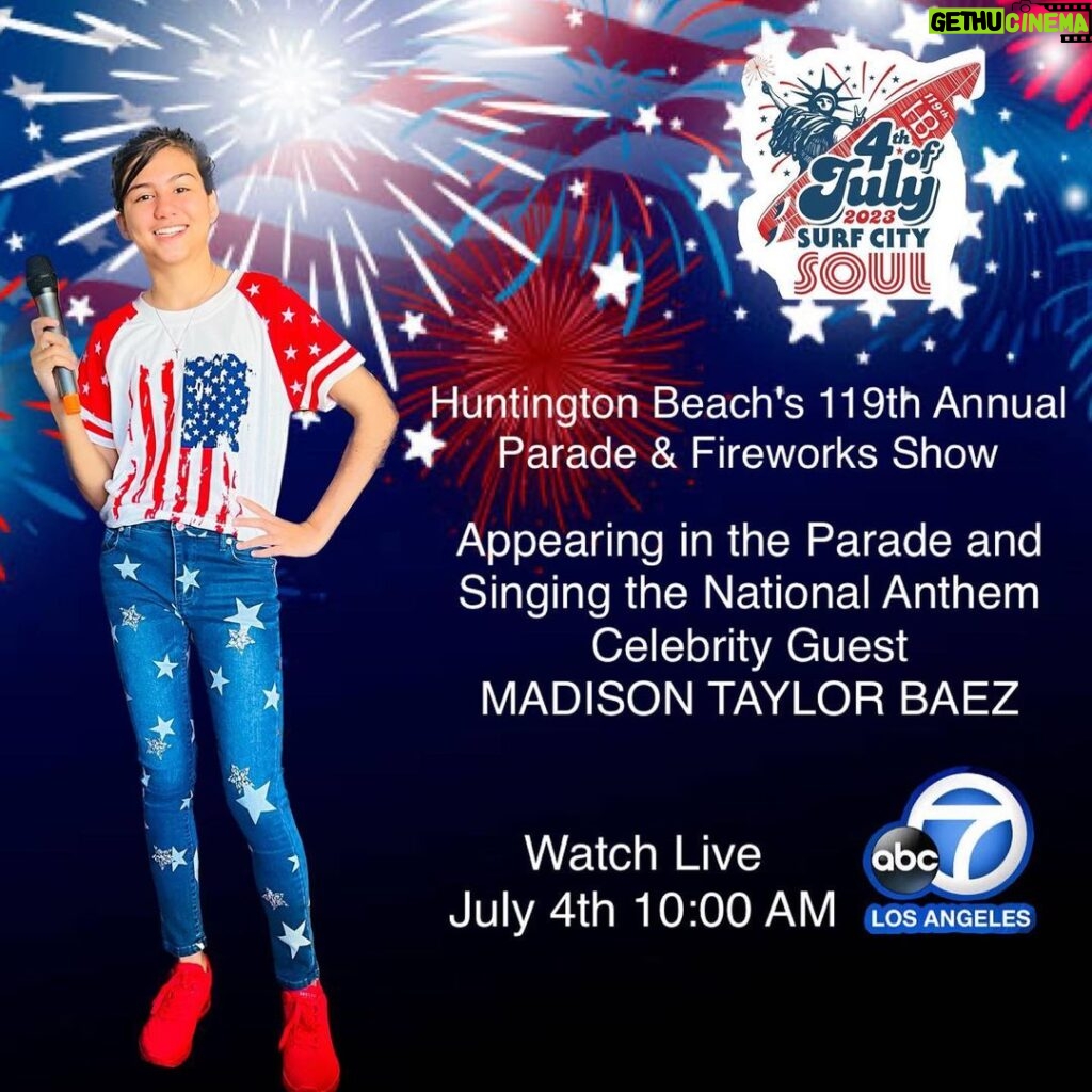 Madison Taylor Baez Instagram - 4th of July is 2 weeks away and I will be performing the National Anthem and riding in the Parade as a Celebrity Guest at the 119th Annual Huntington Beach CA 4th Of July Parade & Fireworks Event. 50,000 will be in attendance and it will be broadcast live on @abc7la with the parade starting at 10:00 am. #singer #singersongwriter #singers #actor #actress #abc7la