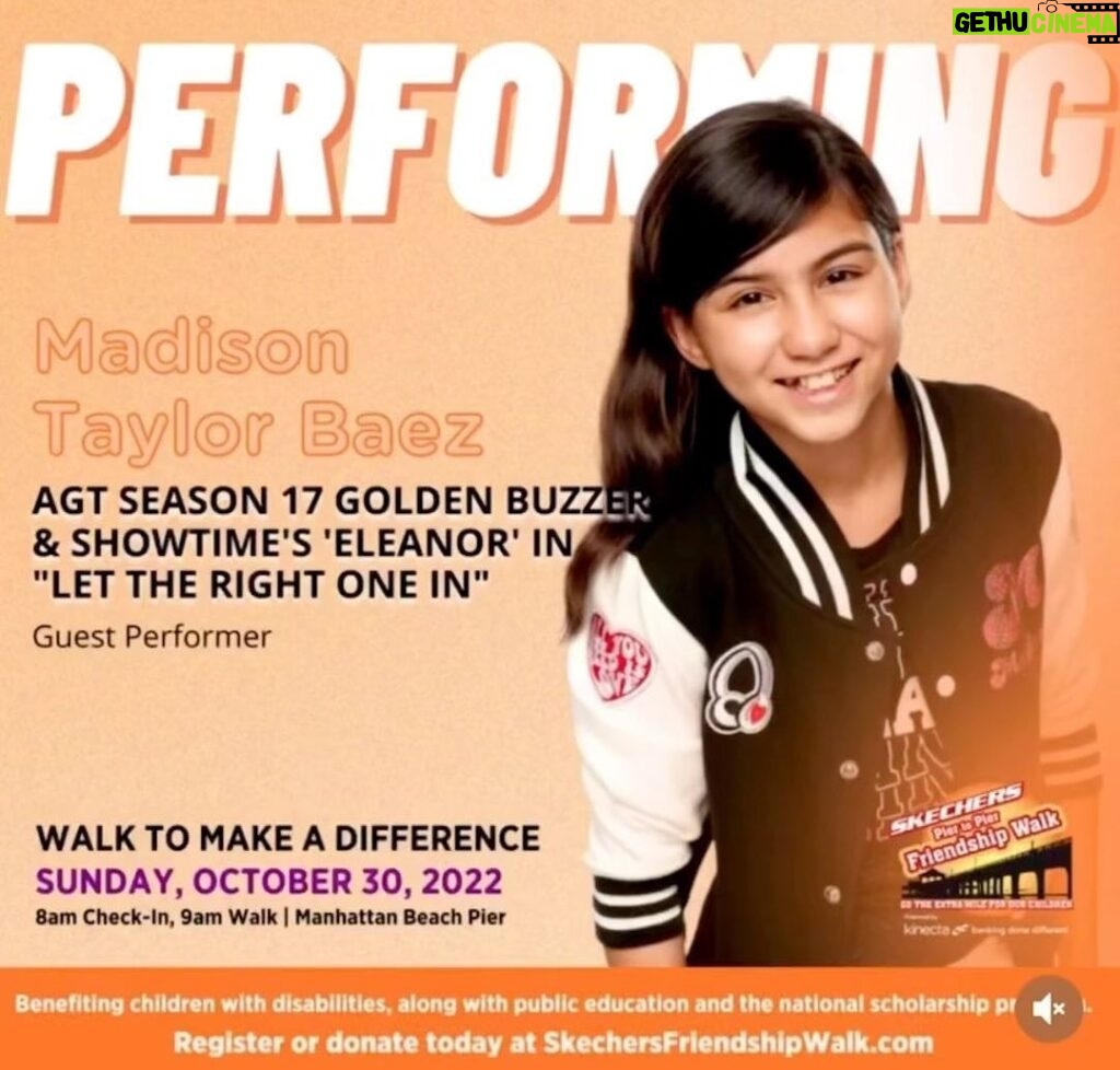 Madison Taylor Baez Instagram - So excited to be back to perform and lend my support for this Amazing event @skechersp2pwalk. 20,000 people along with other celebrities will walk and raise money for children with disabilities and for public schools. I will perform 2-3 songs at the start of the event and again later in the day. I will also have fan meet and greet to sign autographs and take pictures. Come out to the Manhattan Beach Pier October 30 9:00 am. If you would like to register and walk or donate go to SkechersFreindshipWalk.Com #singer #skecherspiertopierwalk #skechersfriendshipwalk #actor #manhattanbeach