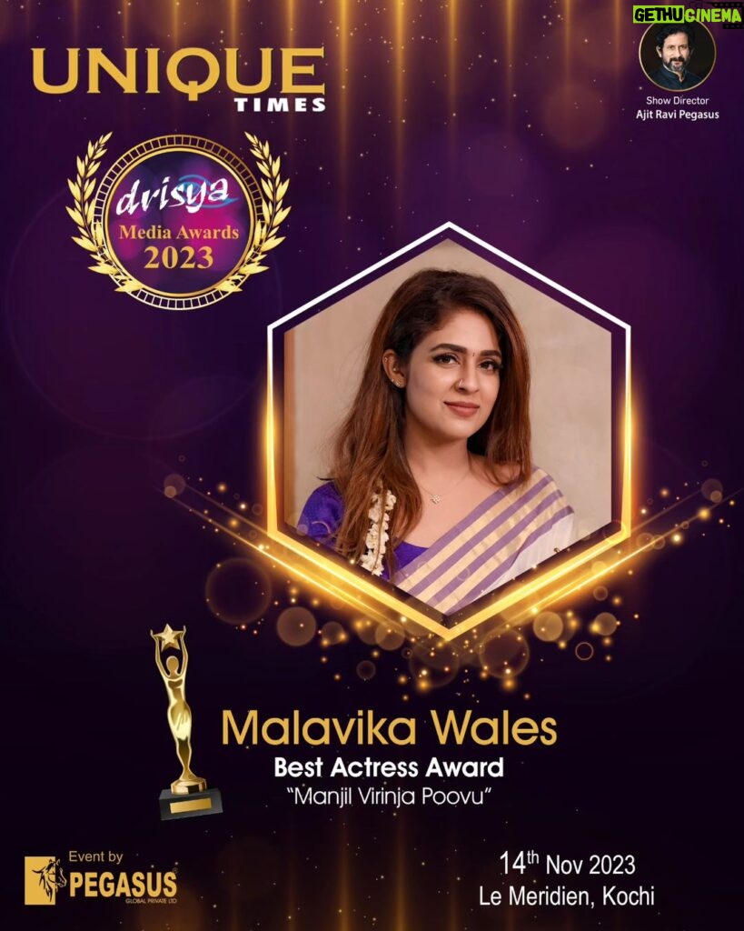 Malavika Wales Instagram - @uniquetimesmagazine presents Drisya Media Award 2023 Best Actress award - Malavika Wales - “Manjil Virinja Poovu” #uniquetimes #drisyaaward #drisyamediaaward #malavikawales #bestactress #manjilvirinjapoovu #mazhavilmanorama