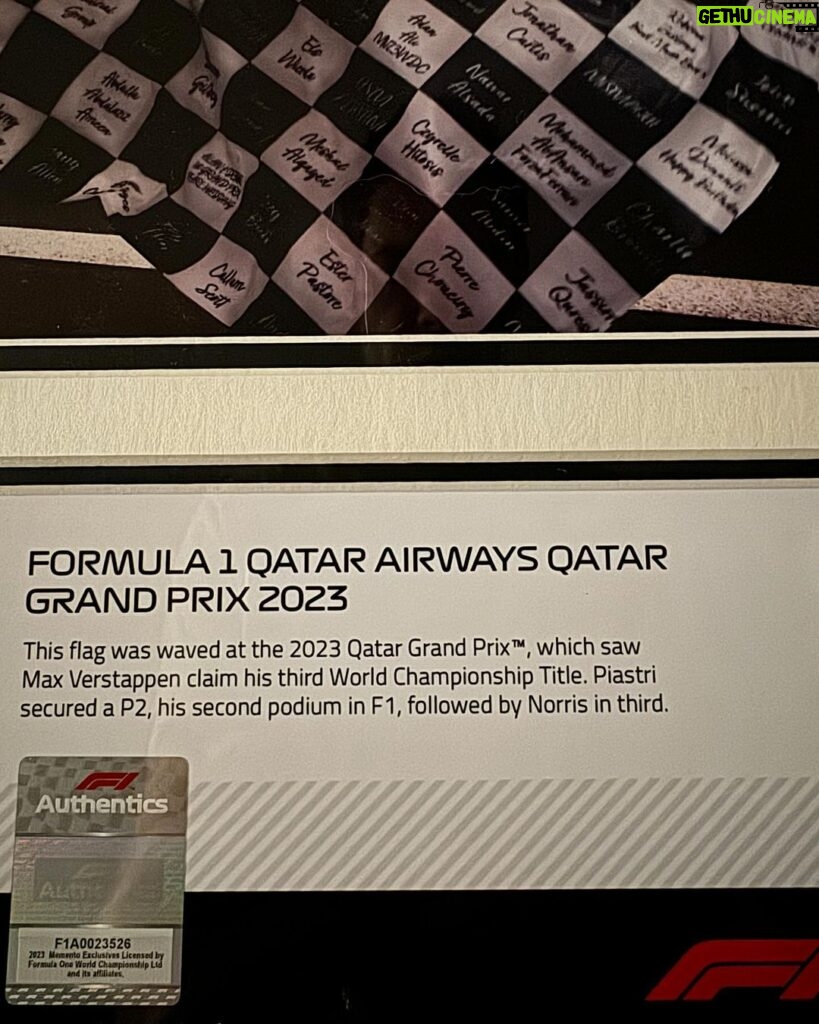 Marc Priestley Instagram - 100% one of the coolest gifts I’ve ever received! My name was on the 🏁 at the #QatarGP & now I have it! Thanks so much to @F1, @f1authentics & @thisismemento I’m sooo grateful! 🙏❤️ #F1