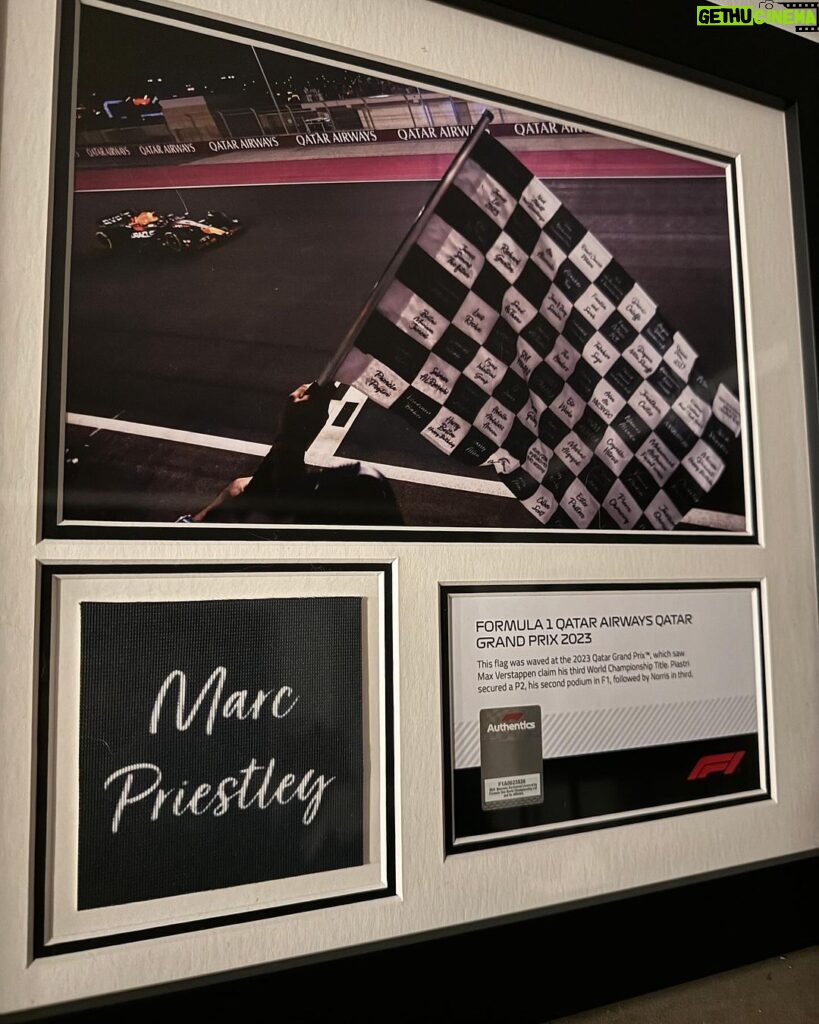 Marc Priestley Instagram - 100% one of the coolest gifts I’ve ever received! My name was on the 🏁 at the #QatarGP & now I have it! Thanks so much to @F1, @f1authentics & @thisismemento I’m sooo grateful! 🙏❤️ #F1