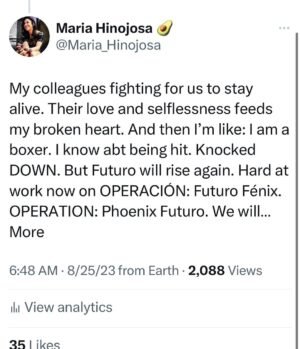 Maria Hinojosa Instagram - Thinking about my colleagues-those who lost their jobs-and those who stayed. Thank you always for your dedication and hard work. This is the worst day. But OPERACIÓN FUTURO FÉNIX is ON.  I’m a boxer. I’m down. But not out. 💔