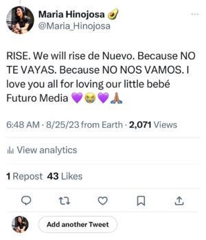 Maria Hinojosa Instagram - Thinking about my colleagues-those who lost their jobs-and those who stayed. Thank you always for your dedication and hard work. This is the worst day. But OPERACIÓN FUTURO FÉNIX is ON.  I’m a boxer. I’m down. But not out. 💔