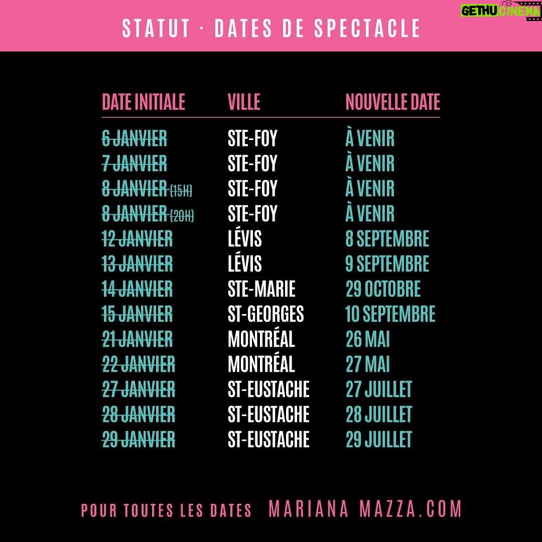 Mariana Mazza Instagram - Comme promis, voici les détails de tous mes spectacles de janvier et février. Certaines dates ne sont pas encore confirmées mais elles le seront très bientôt. Je vous tiens au courant quand j’aurai les dates de report manquantes. S’il y a quoi que ce soit, communiquez directement avec les billetteries des salles, mais j’espère sincèrement que vous serez encore au rendez-vous malgré les changements. J’ai tellement hâte de vous retrouver!