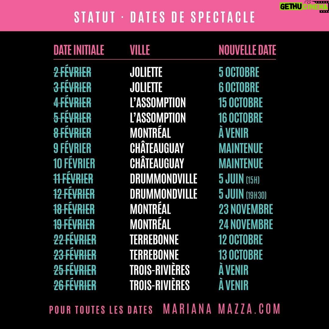 Mariana Mazza Instagram - Comme promis, voici les détails de tous mes spectacles de janvier et février. Certaines dates ne sont pas encore confirmées mais elles le seront très bientôt. Je vous tiens au courant quand j’aurai les dates de report manquantes. S’il y a quoi que ce soit, communiquez directement avec les billetteries des salles, mais j’espère sincèrement que vous serez encore au rendez-vous malgré les changements. J’ai tellement hâte de vous retrouver!