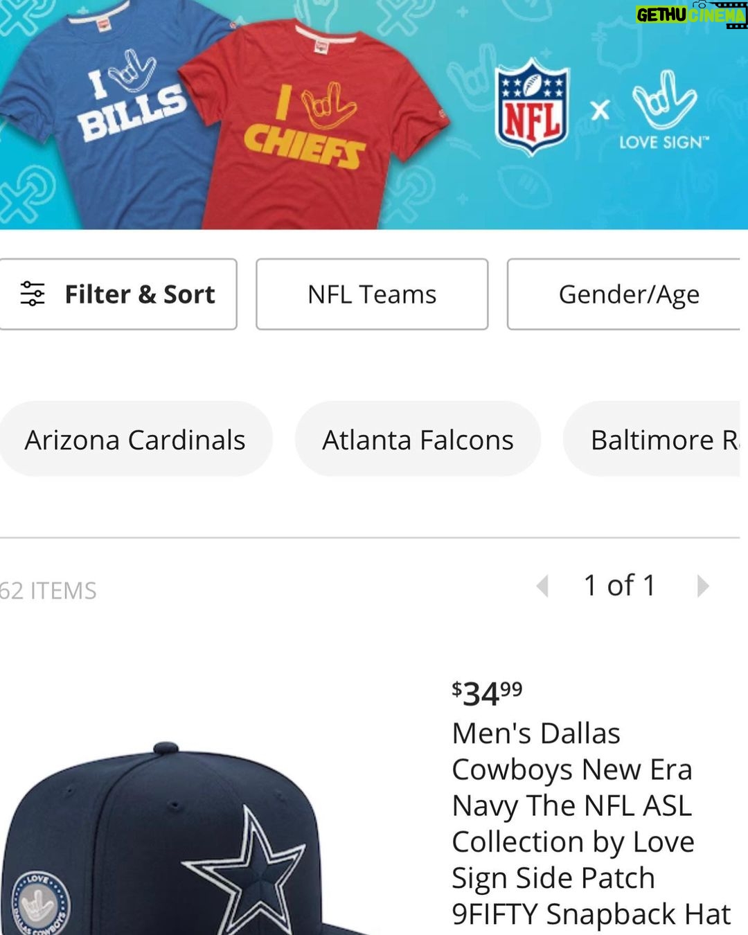 Marlee Matlin Instagram - Today is the launch of the NFL ASL collection by LOVE SIGN for all 32 teams. Merch with the LOVE SIGN ASL design is now available on t shirts and hats on the nflshop.com. Link in my bio.