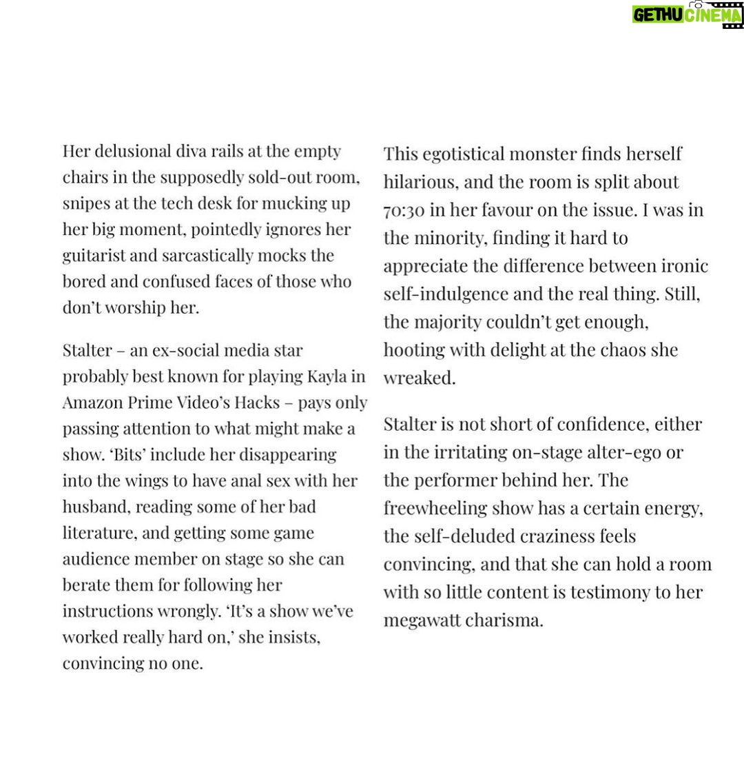 Megan Stalter Instagram - Thank you so much Chortle for this review I can’t begin to tell you how much I care ❤️⭐️❤️means the world to me! Swipe to see what The National had to say as well! Come see me tonight tickets in bio!!!