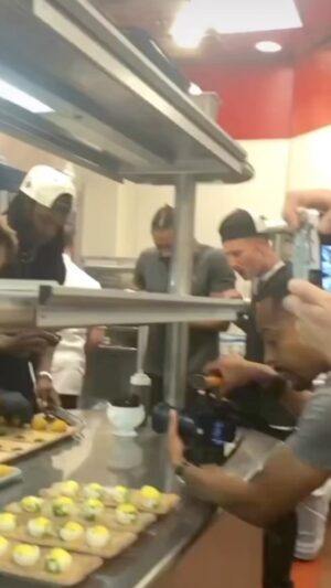 Michael Voltaggio Instagram - jersey swaps and sous chef props 

retro @mandalaybay 
thank you @taeadams for stopping by and teaching us a few things…