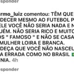 Michel Bastos Instagram - Vamos lá… agradeço o FUTEBOL sim!! Pq é uma profissão como qualquer outra, aonde muitos e muitos querem e não consegue por ser uma profissão muito disputada e difícil de vc vencer na vida! E eu venci eu consegui! Casei sim com uma mulher branca,por ser a mulher da minha vida, que está comigo a 18 anos quando eu não era ninguém, mas seria minha de qualquer forma pq era o propósito de Deus! Agora me responda.Pq nasci na época errada guillermo_luiz ? São coisa q mostram q a escravidão acabou, mas as diferenças não! E a cabeças de muitos como vc tb não! #racismo #vergonha