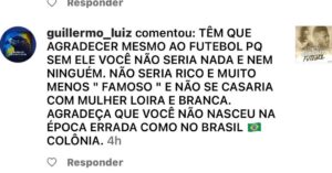 Michel Bastos Instagram - Vamos lá… agradeço o FUTEBOL sim!! Pq é uma profissão como qualquer outra, aonde muitos e muitos querem e não consegue por ser uma profissão muito disputada e difícil de vc vencer na vida! E eu venci eu consegui! Casei sim com uma mulher branca,por ser a mulher da minha vida, que está comigo a 18 anos quando eu não era ninguém, mas seria minha de qualquer forma pq era o propósito de Deus! Agora me responda.Pq nasci na época errada guillermo_luiz ? São coisa q mostram q a escravidão acabou, mas as diferenças não! E a cabeças de muitos como vc tb não! #racismo #vergonha