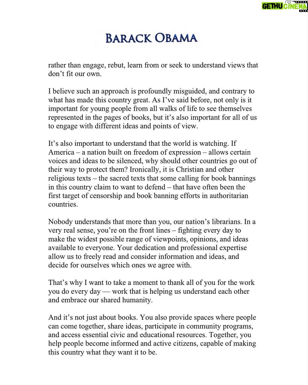 Michelle Obama Instagram - Today, some of the books that shaped my life — and the lives of so many others — are being challenged by people who disagree with certain ideas or perspectives. And librarians are on the front lines, fighting every day to make the widest possible range of viewpoints, opinions, and ideas available to everyone. Michelle and I want to thank these librarians for their unwavering commitment to the freedom to read. I hope you’ll read my letter to them, and join me in reminding anyone who will listen — and even some people you think might not — that the free, robust exchange of ideas has always been at the heart of American democracy. Together, we can make that true for generations to come. To learn how you can support librarians and defend the right to read, join the Unite Against Book Bans campaign led by the @AmericanLibraryAssociation at uniteagainstbookbans.org.