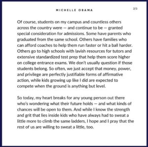 Michelle Obama Instagram - I wanted to share some of my thoughts on today's Supreme Court decision on affirmative action: