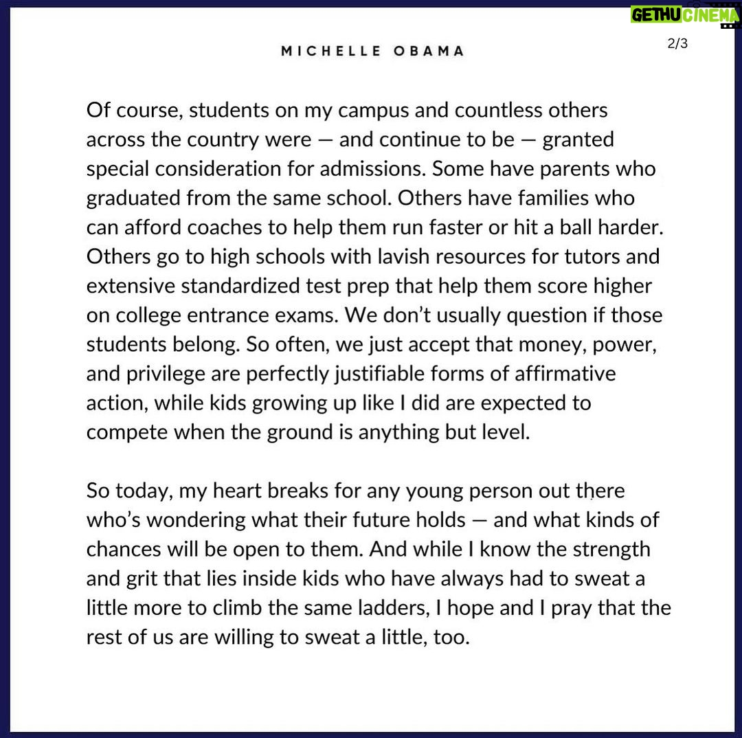 Michelle Obama - 566.6K Likes - I wanted to share some of my thoughts on today's Supreme Court decision on affirmative action: