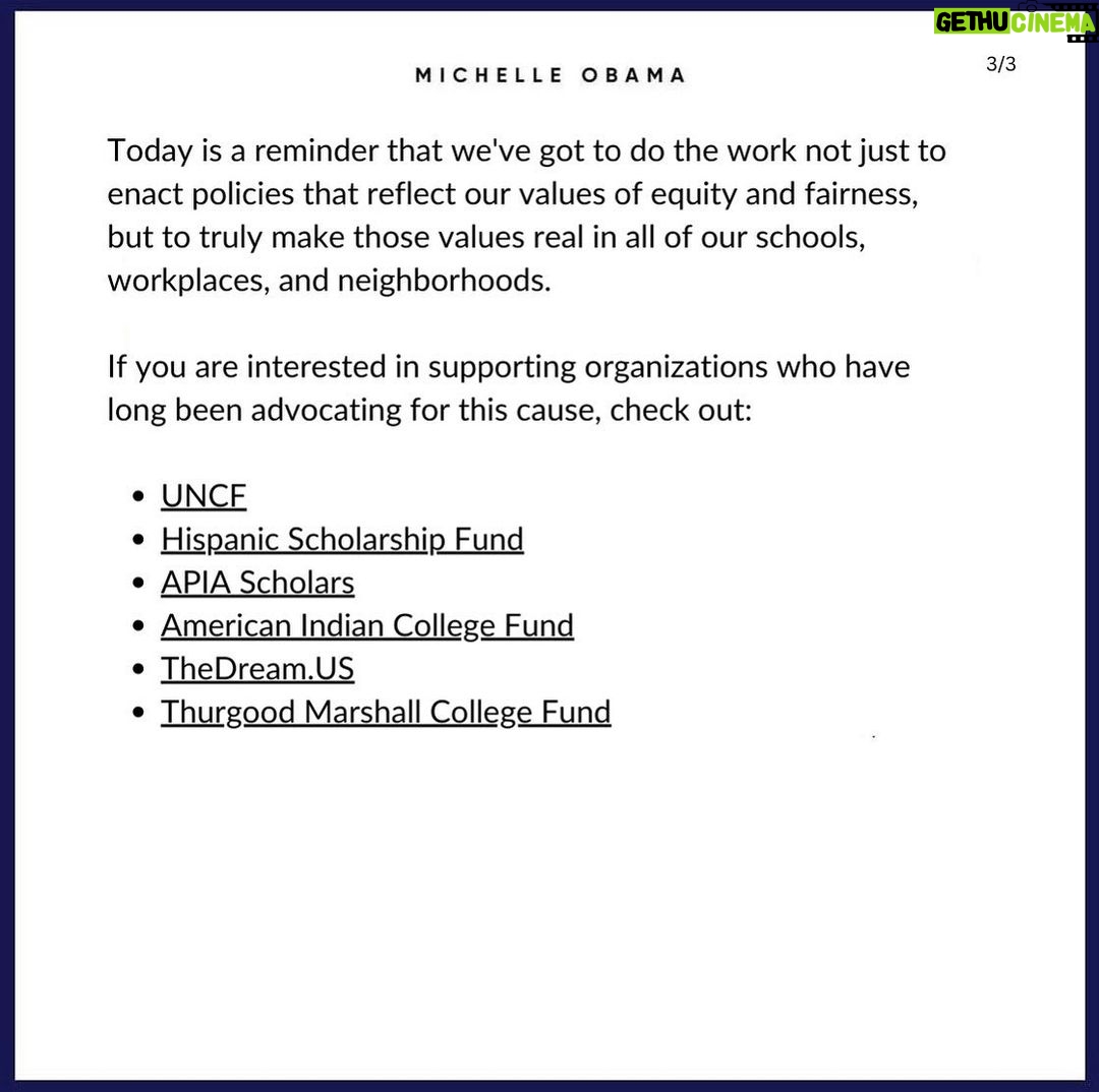 Michelle Obama - 566.6K Likes - I wanted to share some of my thoughts on today's Supreme Court decision on affirmative action: