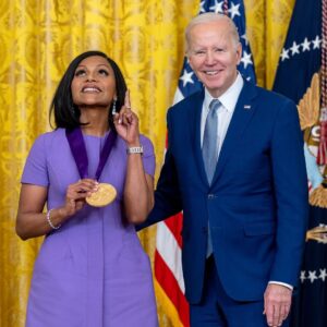 Michelle Obama Instagram - It was so wonderful to see @MindyKaling honored with the National Medal of Arts by President Biden this week for her trailblazing work across television, film, and books. 
 
In #TheLightWeCarry, I write about Mindy in a chapter that explores the feeling of being an “other” or an “only” that many of us experience. Sometimes it's because of our race or ethnicity; other times it’s our gender; for me growing up, it was my height. Whatever the reason, those differences that make us stand out and often lead us to shrink ourselves. 
 
When Mindy started on The Office, she was twenty-four-years old and the only woman and person of color writing on the show. Now, Mindy could have decided to let those feelings of doubt take over, but she didn’t. She stepped forward. She endured the discomfort of being an “only,” drilled down on the work, and because of that—she was able to make more space for others coming up behind her, creating room for more storytellers and more stories along the way.
 
Since then, she’s become a powerhouse in her field, creating, producing, writing, and starring in multiple hit TV shows and movies, nearly all of which feature the stories of women of color. With her work, she’s widened the sphere for belonging and empowering so many women along the way by allowing themselves to be seen. Congrats on the award, Mindy! You deserve it. #WomensHistoryMonth