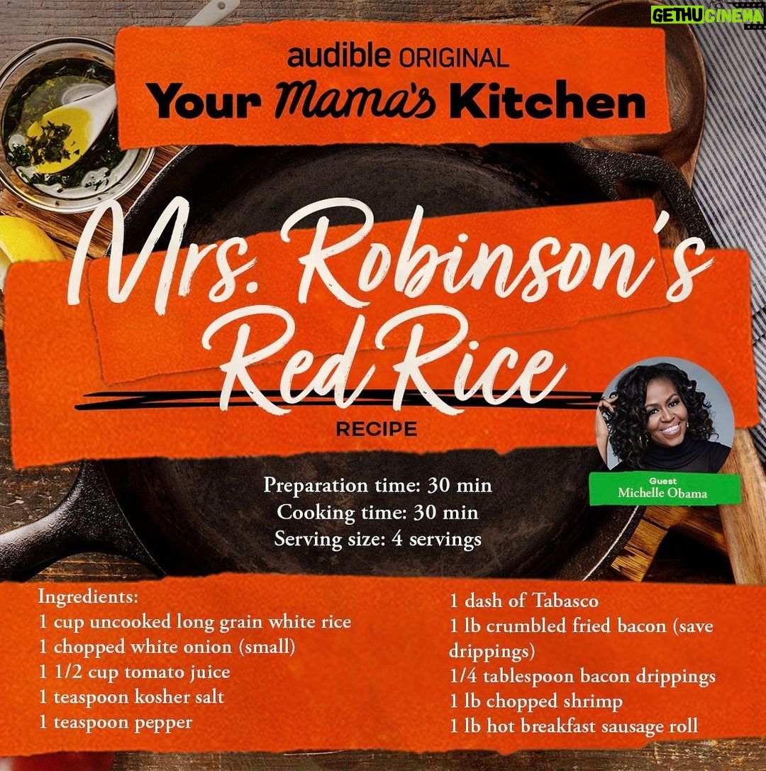 Michelle Obama Instagram - I recently joined my friend @Michele__Norris on Your Mama’s Kitchen, her new podcast from @HigherGroundMedia. In it, she explores the way rich histories, cultures, and memories can be developed right at home at our kitchen tables. During our conversation, I talked about how nothing tastes more like home to me than my mother’s red rice — a recipe she learned from my paternal grandmother. It’s full of flavor and easy to make in large batches, and it’s the perfect dish for a picnic or BBQ! I could not be more excited to share it with you all ahead of the holiday weekend. If you end up trying it, let me know what you think. And be sure to tune into future episodes of Your Mama’s Kitchen podcast to learn more fun, and meaningful, recipes like this one. Listen now wherever you get your podcasts.