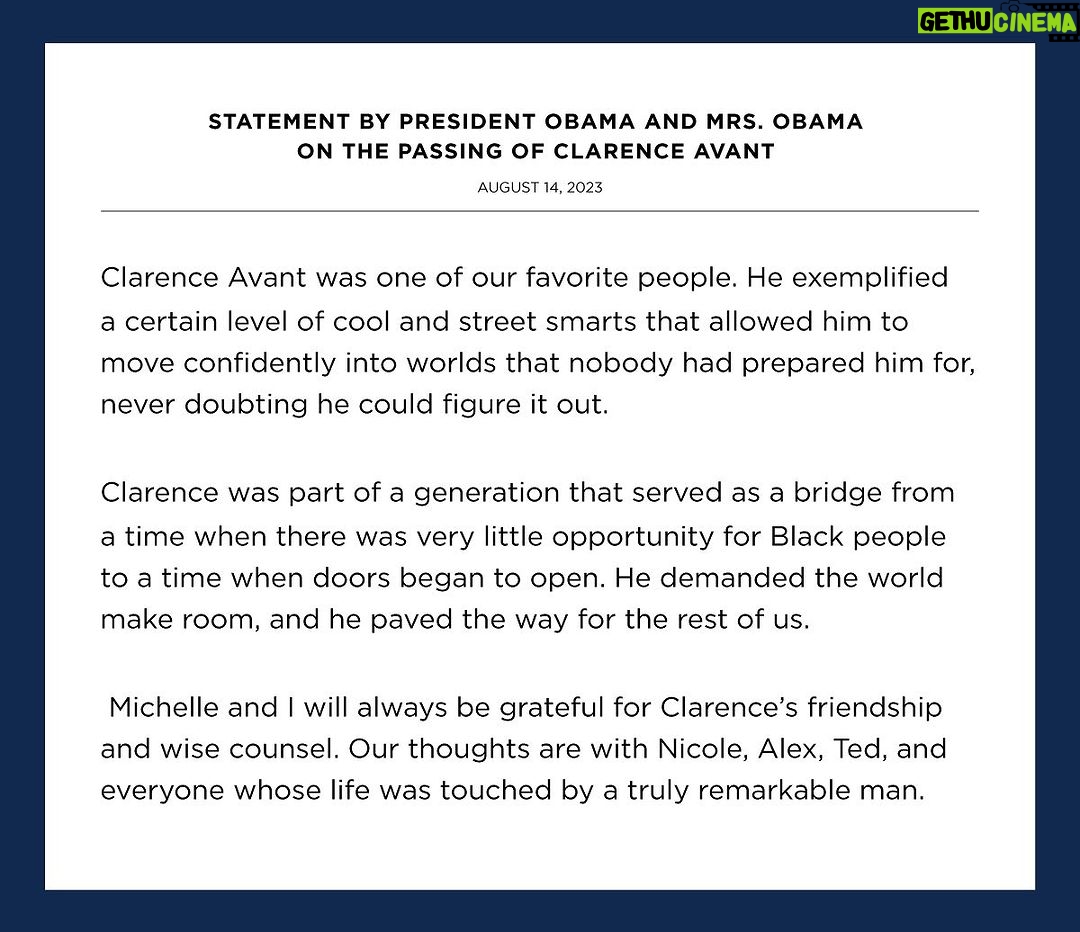 Michelle Obama Instagram - Michelle and I will always be grateful for Clarence’s friendship and wise counsel. Our thoughts are with his family and everyone whose life was touched by a truly remarkable man.