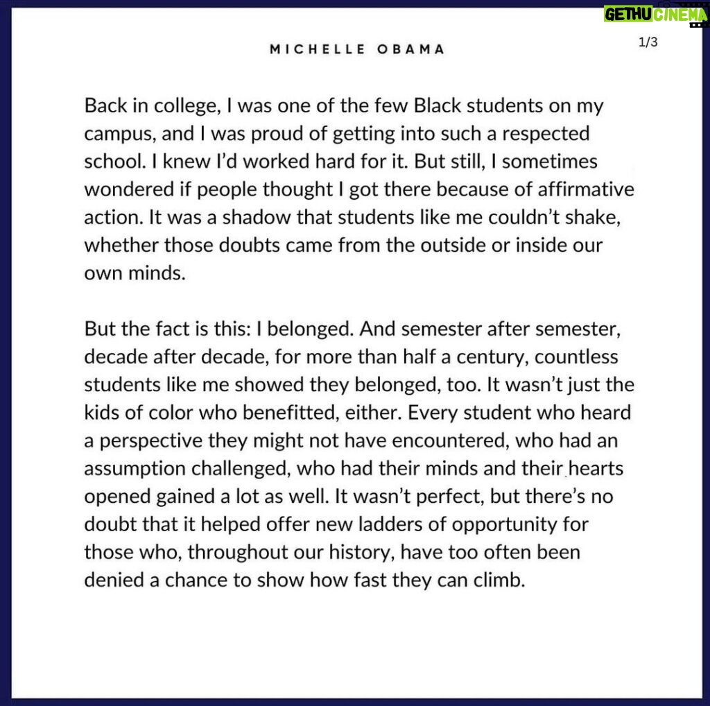 Michelle Obama Instagram - I wanted to share some of my thoughts on today's Supreme Court decision on affirmative action: